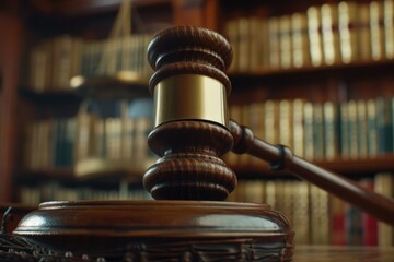 Poster - A wooden gavel sitting on top of a wooden table. Suitable for legal or judicial concepts