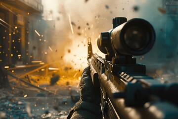 Poster - A man is seen holding a rifle in front of a building. This image can be used to depict security, danger, or law enforcement scenarios