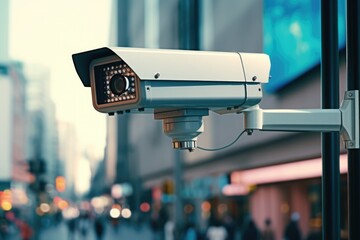 Poster - A close up of a camera mounted on a pole in a bustling city street. Ideal for surveillance and security concepts