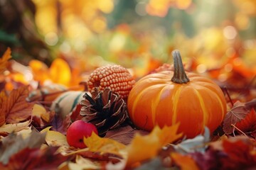 Poster - A bunch of pumpkins sitting on top of a pile of leaves. This image can be used for autumn or Halloween-themed designs