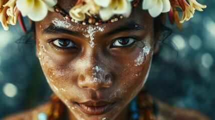 Aufkleber - Close up of a person with flowers on their head. Can be used for creative and artistic projects