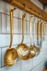 Poster - A row of gold kitchen utensils hanging on a wall. Perfect for adding a touch of elegance to any kitchen decor