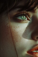 Poster - A detailed close-up of a woman's face showcasing her natural freckles. This image can be used to promote natural beauty, skincare products, or diversity in advertising campaigns
