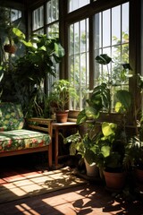 Poster - Sunlight streams through the windows of a sunroom filled with an array of potted plants. Perfect for adding a touch of nature to any space