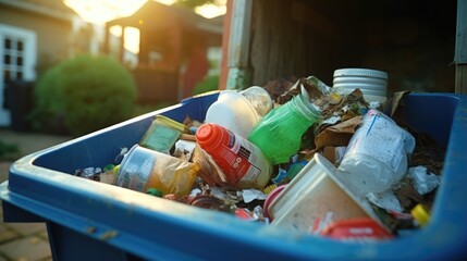 Poster - A blue trash can filled with garbage, suitable for depicting waste disposal and cleanliness. Can be used in environmental or household-themed projects