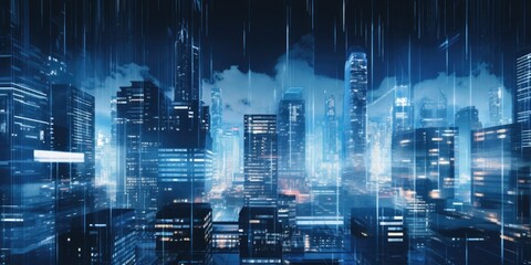 Poster - A cityscape at night with rain falling down. Perfect for urban, rainy day, or nighttime scenes