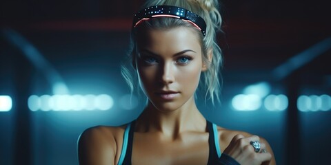 Poster - A woman confidently poses for a picture while wearing a sports bra top. Perfect for fitness and lifestyle related projects