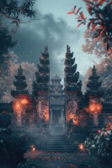 Poster - A picture of a stone gate with lanterns lit up at night. Perfect for adding a touch of elegance and mystery to any project