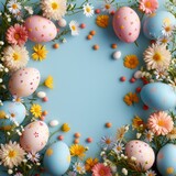 Fototapeta  - Easter Themed Frame with Eggs and Flowers on Pastel Background