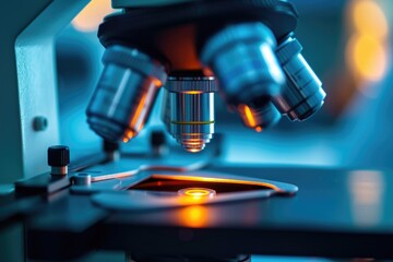 Poster - A close-up view of a microscope placed on a table. This image can be used for scientific research, education, or laboratory-related projects