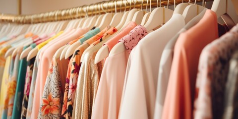 Aufkleber - A rack of clothes hanging on a clothes rack. Suitable for fashion-related projects or retail advertisements