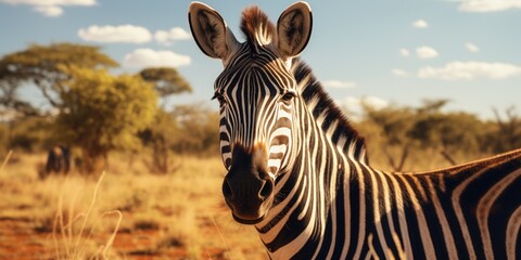Poster - A close up view of a zebra standing in a field. Suitable for wildlife or nature-themed projects