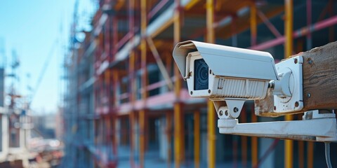 Poster - A security camera mounted on the side of a building. Can be used for surveillance or monitoring purposes