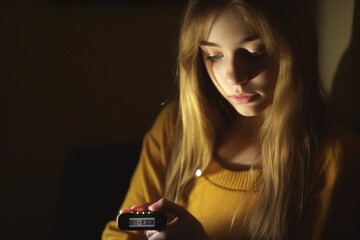 Poster - A woman is seen looking at her cell phone in a dark setting. This image can be used to depict late-night browsing, social media addiction, or a sense of isolation in the digital age