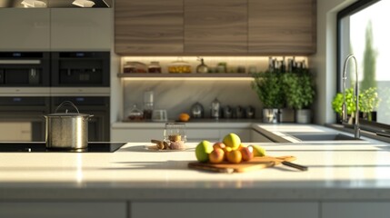 Poster - A kitchen counter top featuring a bowl of fresh fruit. Perfect for showcasing healthy eating habits or adding a pop of color to any culinary-themed design