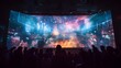 Closeup of a large projector screen showing the virtual concert from multiple angles.
