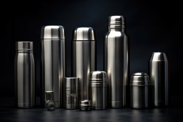 Poster - A group of stainless steel water bottles displayed on a table. Perfect for eco-friendly hydration options.