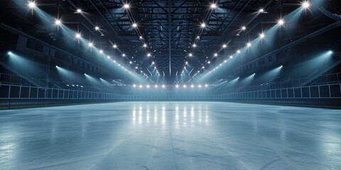 Poster - An empty ice rink with spotlights shining on the floor. Can be used for sports events or performances