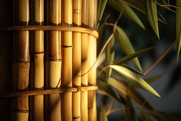 Poster - A close up view of a bamboo pole with a plant in the background. This image can be used to showcase the beauty of nature or as a decorative element in design projects