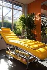 Poster - A vibrant yellow chaise lounger in a well-lit room. Perfect for adding a pop of color to any space