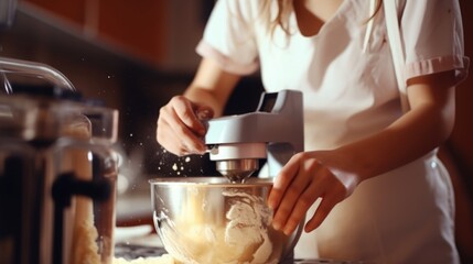 Aufkleber - A woman in a white shirt mixing food in a bowl. Suitable for cooking and food preparation concepts