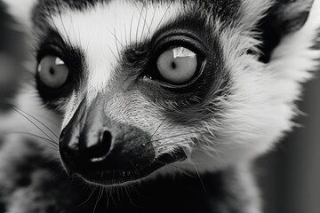 Poster - A black and white photo of a ring-tailed lemur. Suitable for nature and wildlife themes