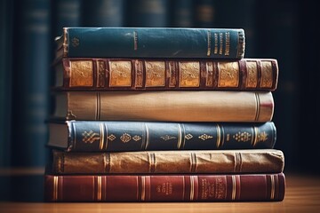 Poster - A stack of books sitting on top of a wooden table. Perfect for educational or library-themed designs