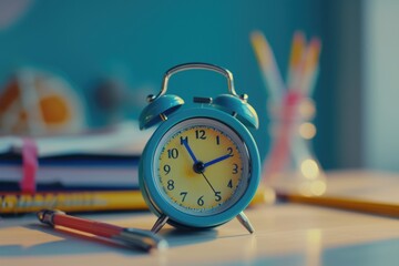 Poster - A blue alarm clock sitting on top of a table. Perfect for time management and morning routines