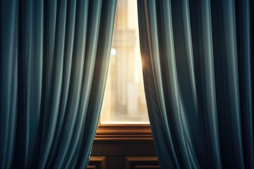 Poster - A window with blue curtains allowing light to pass through. Suitable for various creative projects