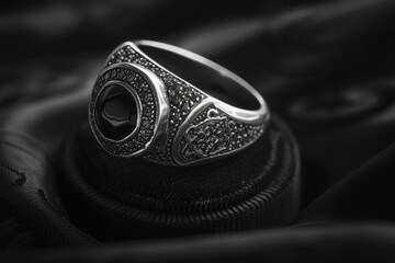Poster - A close-up photo of a ring in black and white. Suitable for use in jewelry catalogs or wedding-related designs