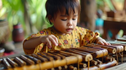 Poster - A young girl playing a musical instrument in a room. Ideal for music education or children's music-related projects
