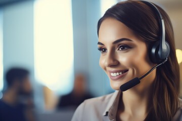 Poster - A woman wearing a headset in a call center. Perfect for customer service or telemarketing related projects