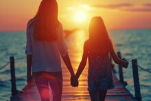 Two Women Walking On A Pier At Sunset. Suitable For Travel, Friendship, And Relaxation Themes