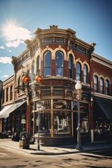 Poster - A building on a street corner with a clear blue sky in the background. Suitable for architectural or urban-themed projects