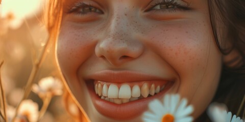 Poster - A woman smiling as she holds a flower in front of her face. Can be used to convey happiness, joy, beauty, or nature themes