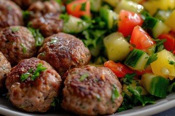 Poster - A plate of meatballs and vegetables is displayed on a table. This image can be used to showcase a delicious and healthy meal option