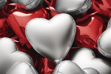 Poster - A bunch of silver and red heart shaped balloons. Perfect for Valentine's Day decorations or romantic events
