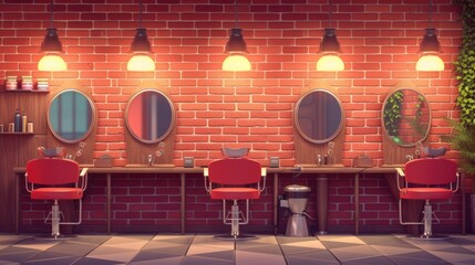 Poster - A room with a brick wall and a row of red chairs. Suitable for interior design and architectural concepts