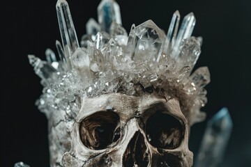 Poster - A close up of a skull with sparkling crystals on its head. This unique image can be used to add an edgy and mystical touch to various projects