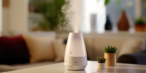 Poster - A compact, straightforward description of the image featuring a humidifier sitting on top of a table next to a potted plant.