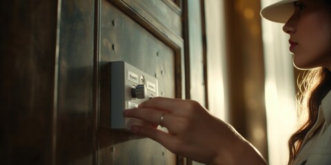 Poster - A woman in a white hat is seen reaching out to touch a light switch. This image can be used to illustrate concepts related to home automation, energy efficiency, or electricity control