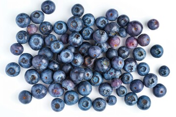 Poster - A pile of fresh blueberries arranged on a clean white surface. Perfect for food and healthy eating concepts