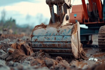Poster - A bulldozer hard at work, digging up the muddy field. Perfect for construction or agriculture projects