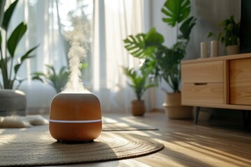 Poster - A humidifier sitting on a rug in a living room. Perfect for adding moisture to the air and creating a cozy atmosphere