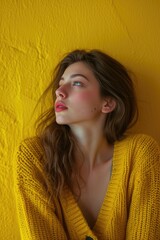 Aufkleber - A woman in a yellow sweater leaning against a yellow wall. Suitable for various uses