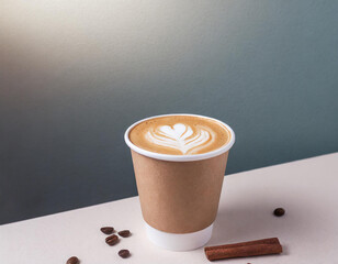 Wall Mural - Coffee in a paper cup with latte art on table in coffee shop