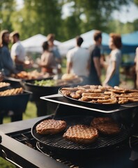 Wall Mural - close up of fried steaks on the barbecue, blurred image of people having fun together in the background

