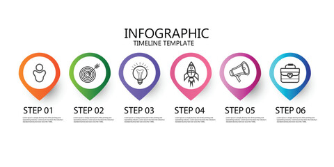 Business process chart infographics with 6 step circles. Circular corporate workflow graphic elements