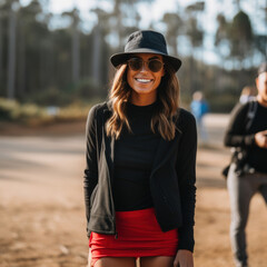 A smiling woman wearing a black hat sunglasses and jacket paired with a red skirt outdoors with blurred background