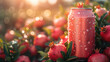 Mockup red aluminum can with water drops on the can surface and pomegranate surrounding it. pomegranate farm background, for product presentation